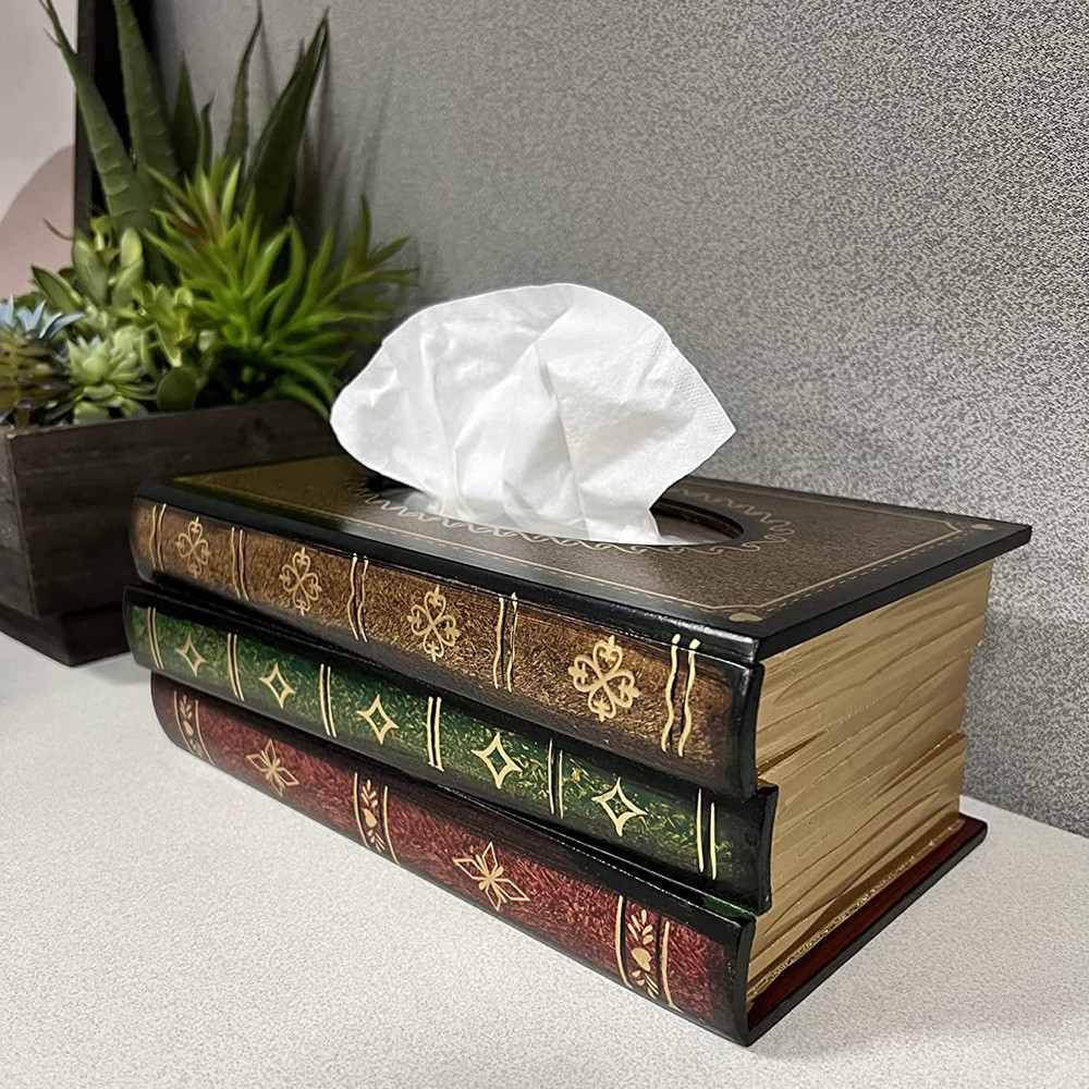 Retro Wooden Book Tissue Box Cover – Decorative Rectangular Napkin Holder