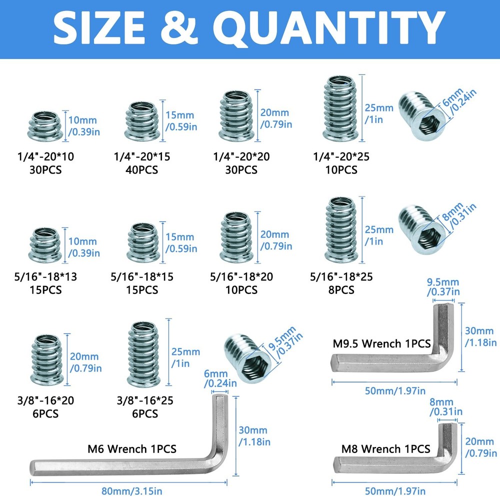 340PCS Threaded Inserts Nuts, Wood Assortment Kit, 340 PCS, Silver