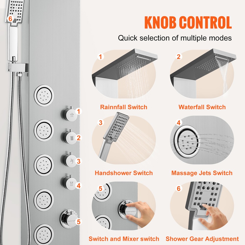 VEVOR Shower Panel Tower System Stainless Steel 4 Modes Rainfall Waterfall Jets