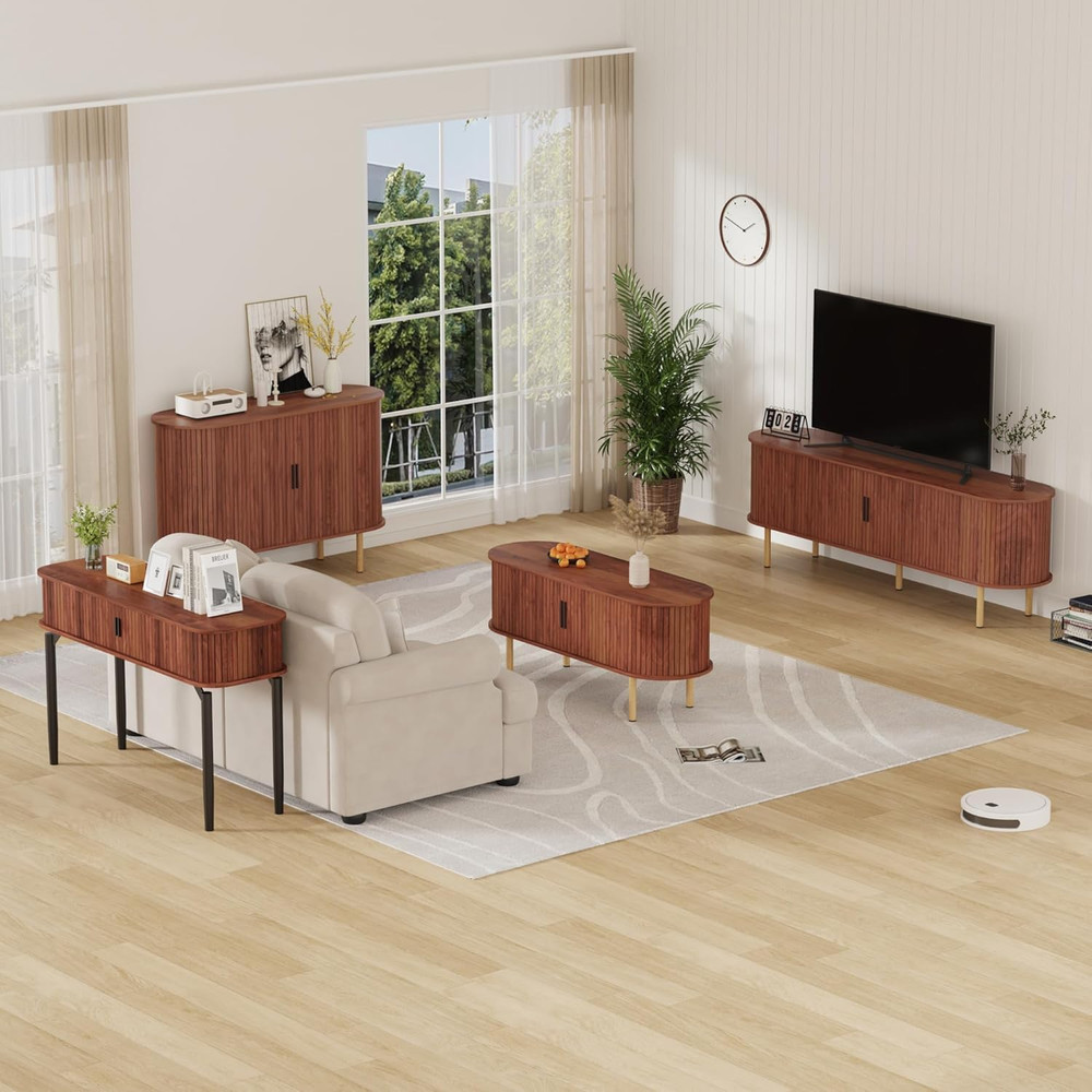 Modern 47" Walnut Sideboard Buffet Cabinet with Sliding Doors & Adjustable Shelv