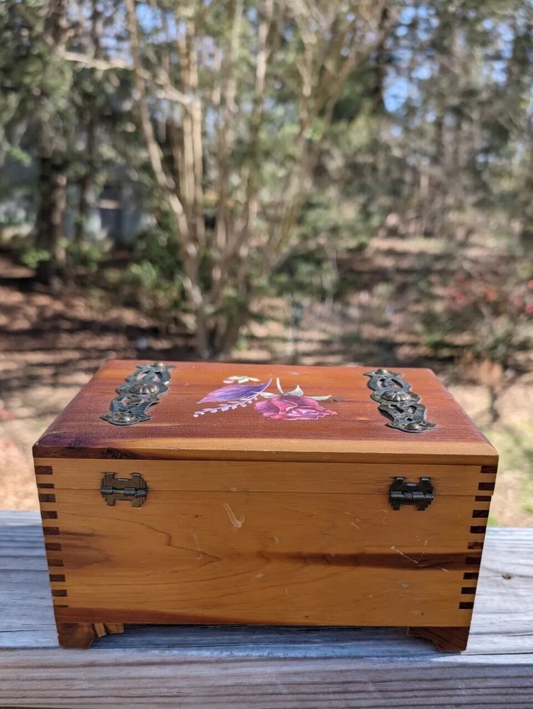 Mini Cedar Chest With Rose Design Vintage Well Kept