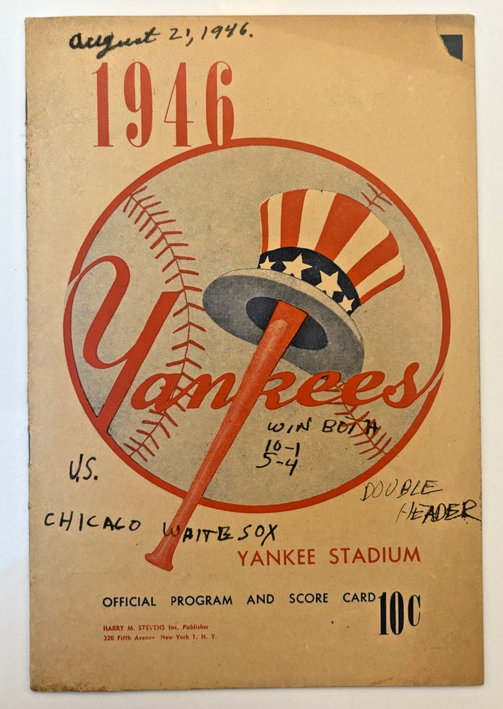 August 21, 1946 Yankees White Sox Doubleheader Program Scorecard Dimaggio 2-HR