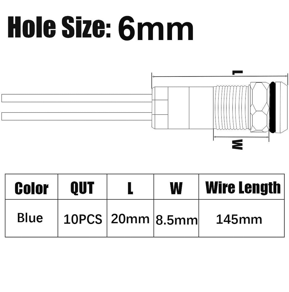 10 PCS 6mm Blue Waterproof Wired LED Indicator Light AC/DC 12-24V Panel Mount