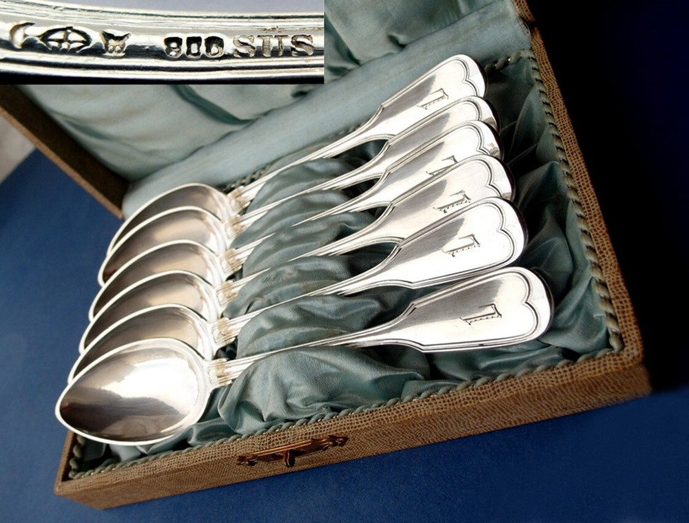 Set, 6 Tea Spoon, Thread Augsburger, Sus , 800er Silver, Um 1900 E558