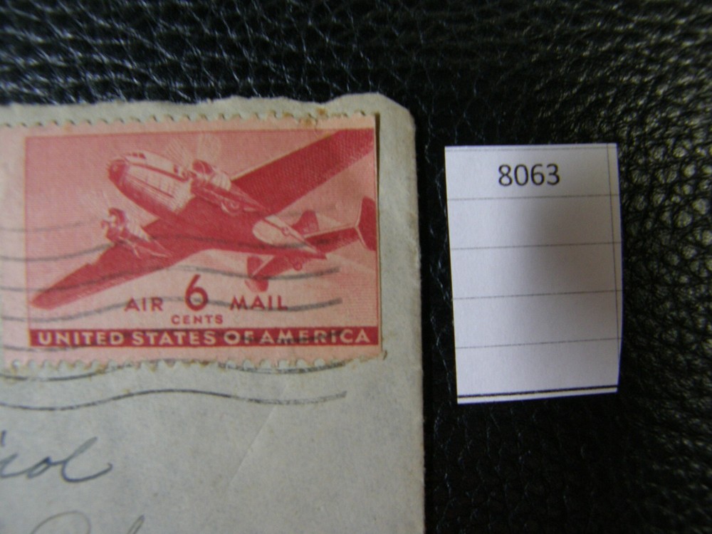 8063) One: 6¢ US Air Mail Postage Stamp Airplane Affixed Envelope 1940's