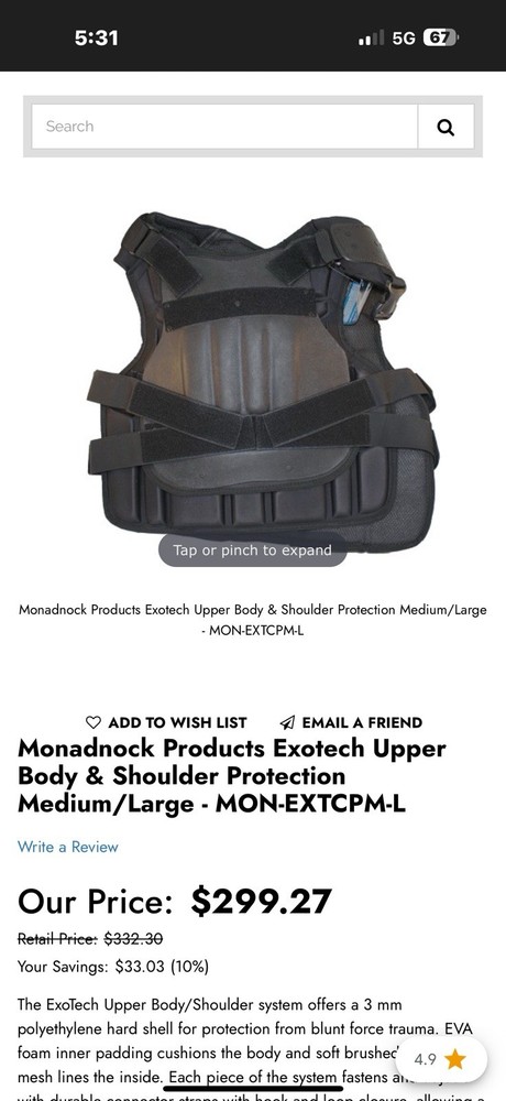 Monadnock Exo-Tech Chest Protector Size Medium/Large