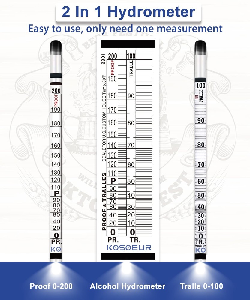 Hydrometer Alcohol Meter Kit, Hydrometer Alcohol 0-200 Proof and Tralle, Alco...