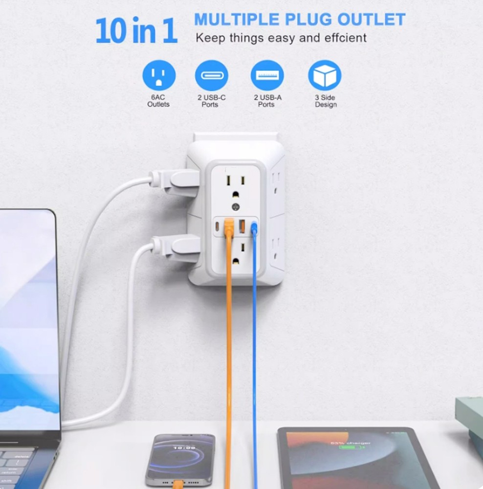 Electrical Wall Socket Outlets Adapters with 6 AC outlets and 4 USB (2 Type C)
