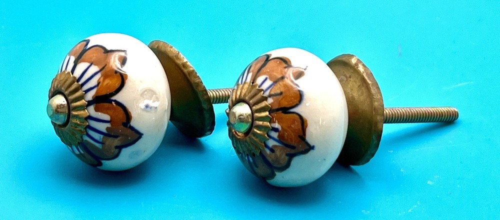 2 Vintage Ceramic Knobs with Hardware Ivory Brown Blue Flower 1 1/2" x 1"