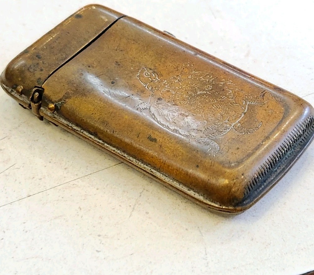 Antique Embossed TURTLE Vesta Case MATCH SAFE with Loaded Trigger Open Button