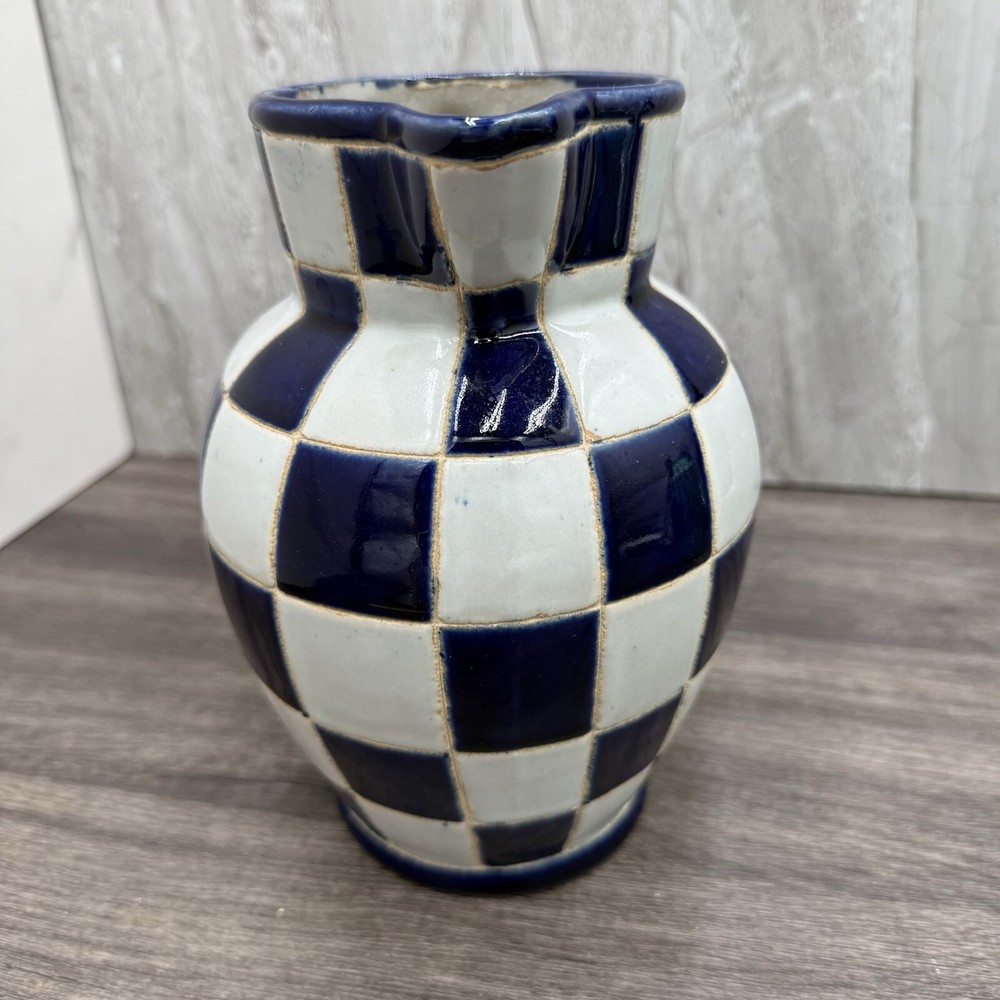 Handmade Ceramic Checkered Pitcher – Cottage Core Style – Signed, 7.5” Tall