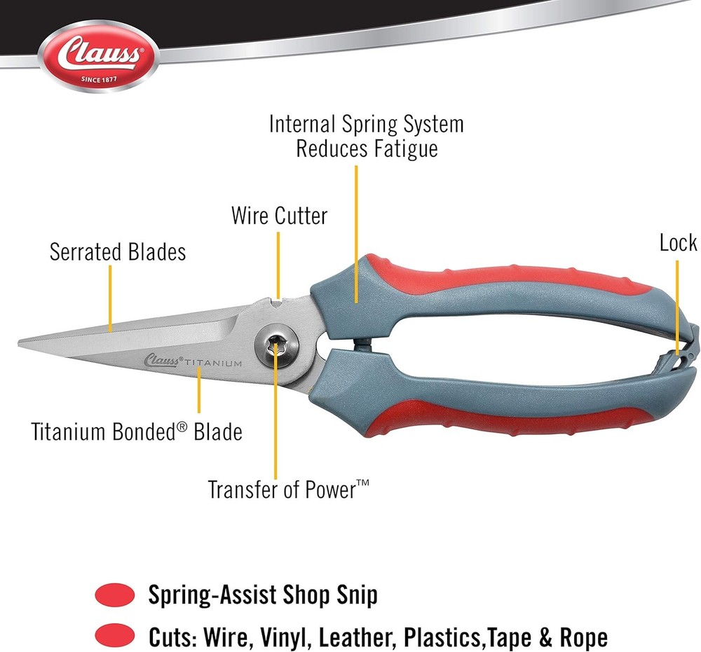 Clauss 8" Titanium Snips with Wire Cutter, Spring-Assist, 1-Pack, Grey