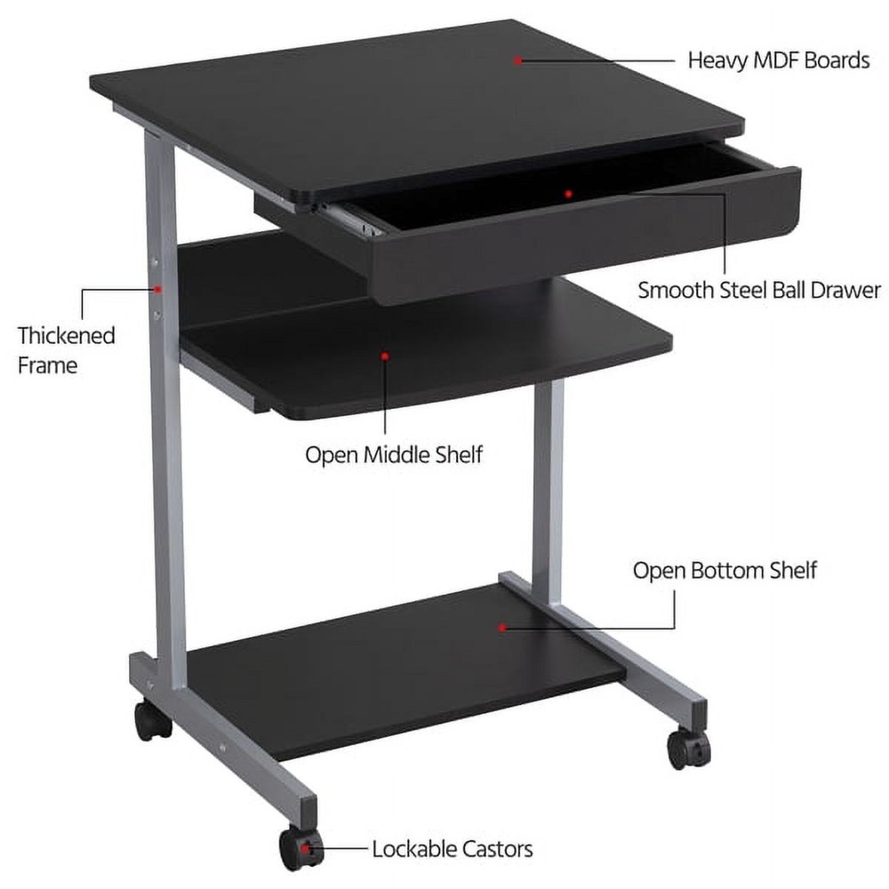 Rolling Computer Desk W 2 Storage Shelves & Drawer Black Mobile Workstation