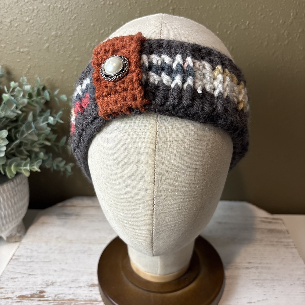 Knitted Handmade Crochet Headband W/button Boho Gray, Rust Multi Colored