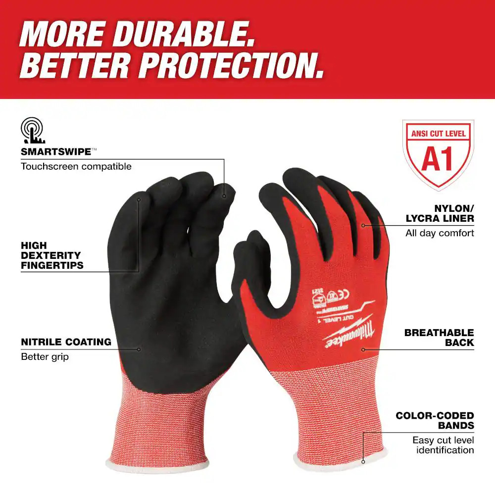 Small Red Nitrile Level 1 Cut Resistant Dipped Work Gloves (3-Pack)