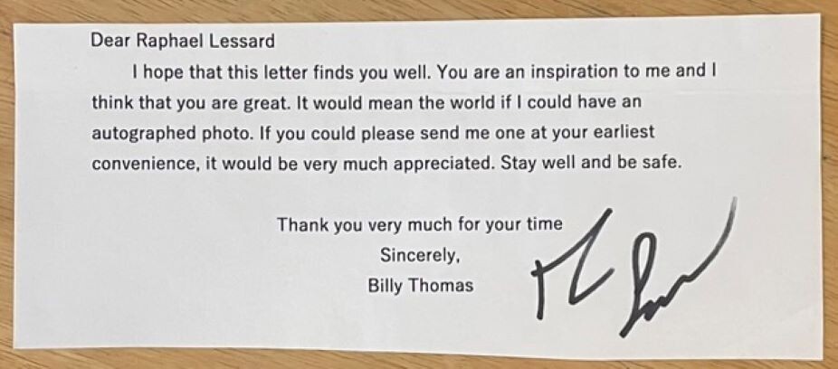 RAPHAEL LESSARD, 100% AUTHENTIC AUTOGRAPHED LETTER, RACING SUPERSTAR !