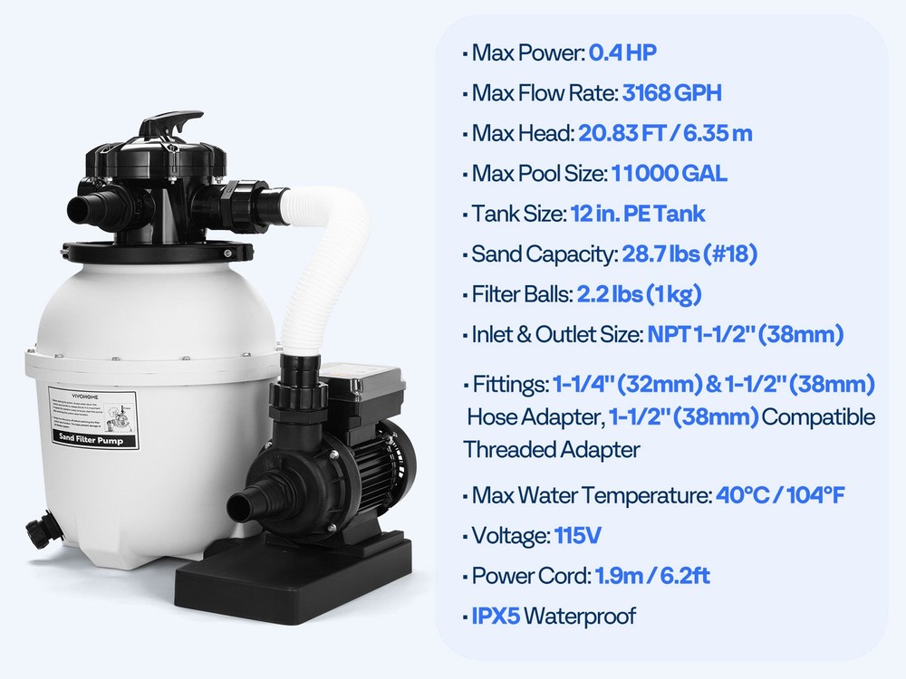 12'' Sand Filter Pump 3168GPH 0.4HP Above Ground Pool Filter System 6-Way Timer