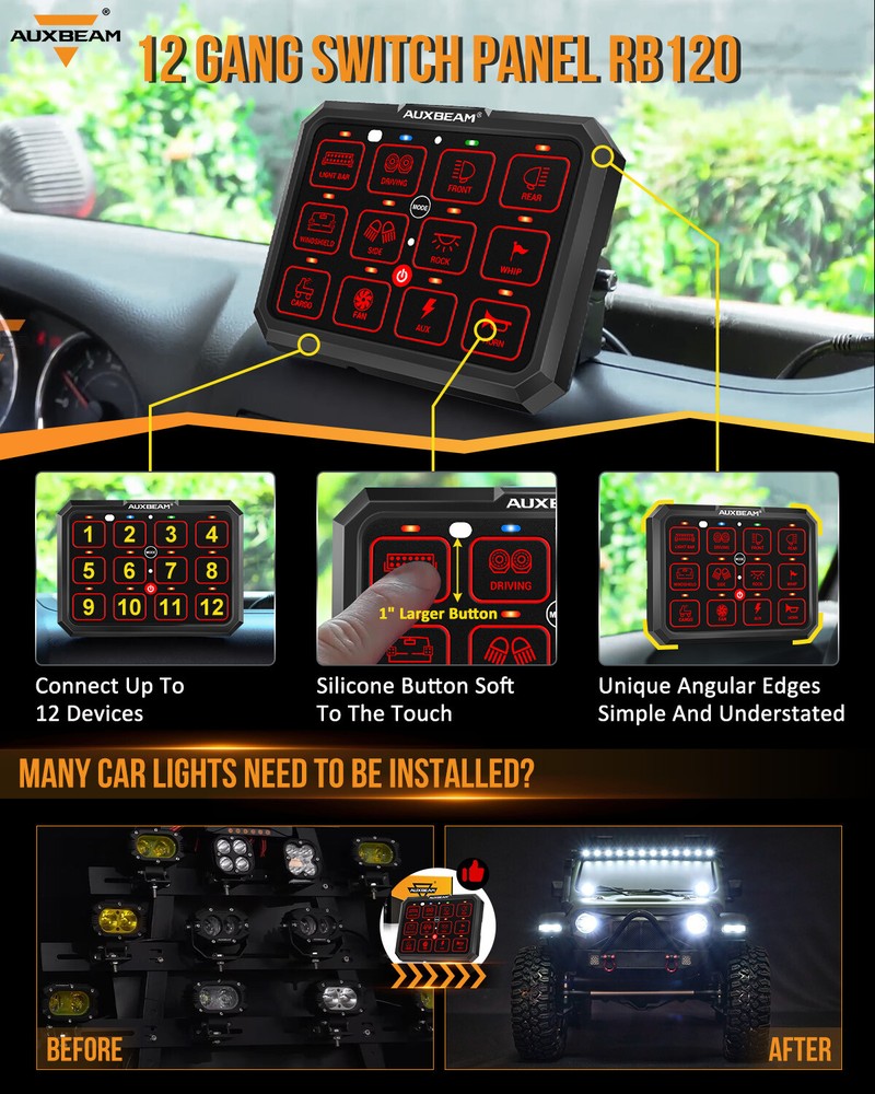 AUXBEAM RGB 12 Gang Switch Panel On-Off LED Car Switch Panel Circuit Control Box