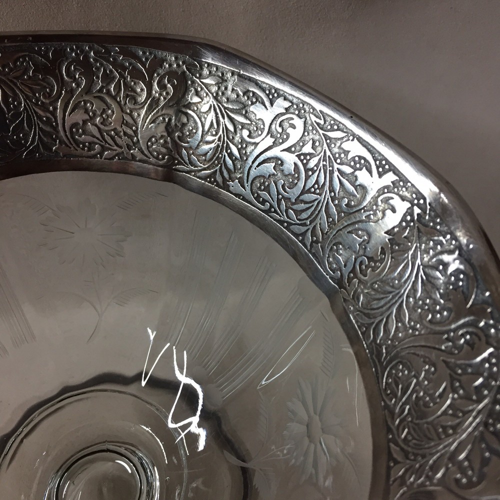 Antique Sterling Silver Etched Glass Compot Dish 7”