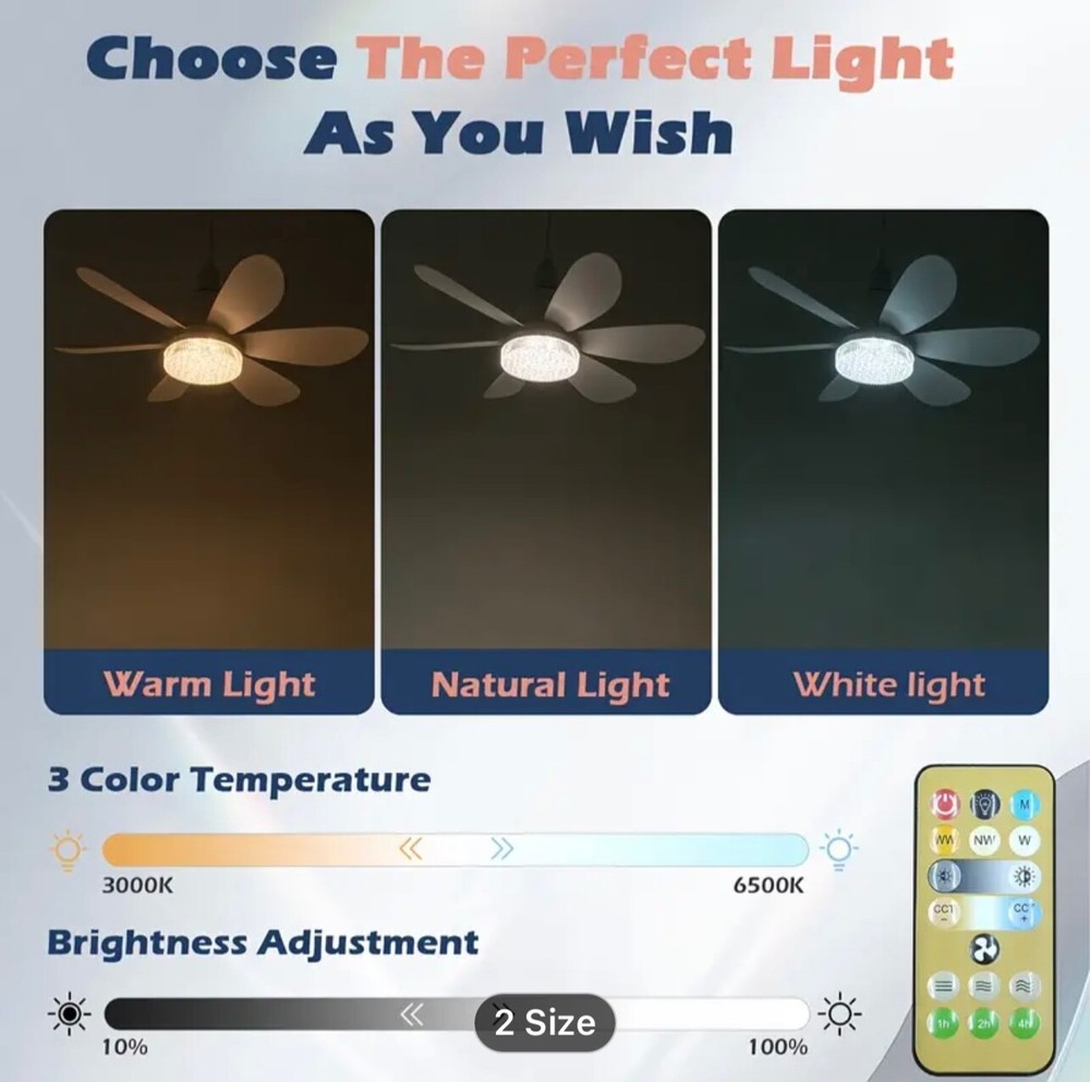 20” Quiet Indoor Small Ceiling Fan with LED Light and Remote Control E27 Ceiling