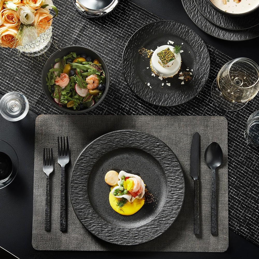 KINGSTONE Black Dinnerware Sets, 12-Piece Matte Marble Pattern Premium Porcelain