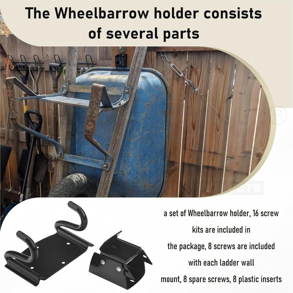 Wheelbarrow Storage Bracket - 90 lbs Capacity, Heavy Duty Hook Black