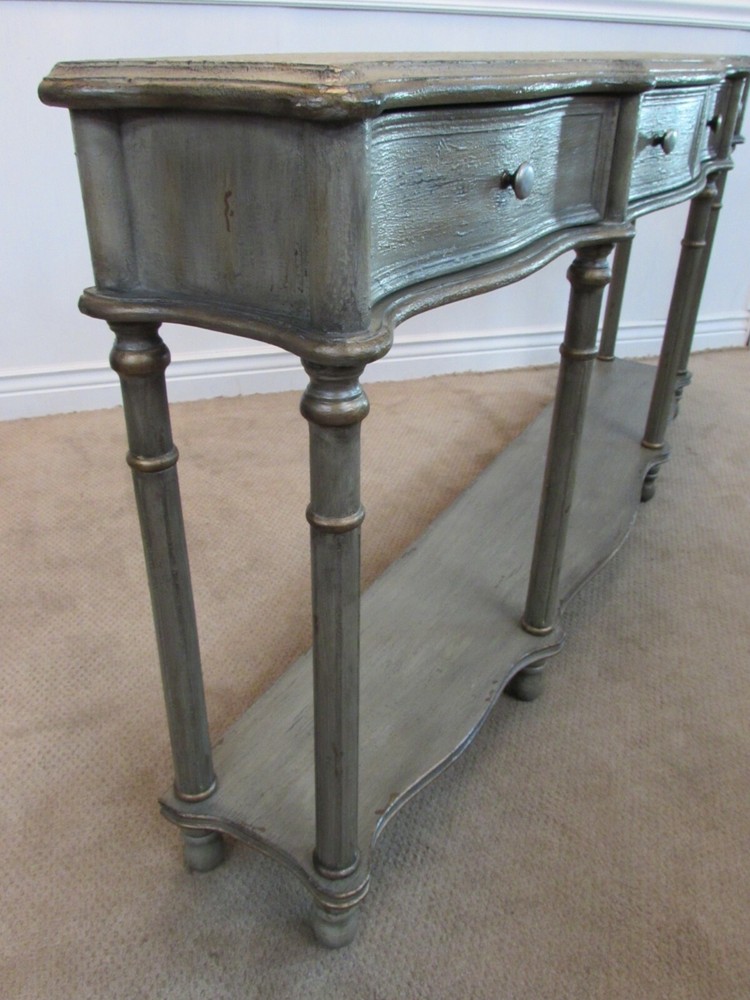 DECORATORS TWO TIER CONSOLE, SOFA TABLE, THREE DRAWERS, GREY FACTORY FINISH