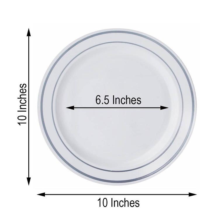 Plastic WHITE Silver Rim 10" PLATES Disposable Party Wedding Buffet Tableware