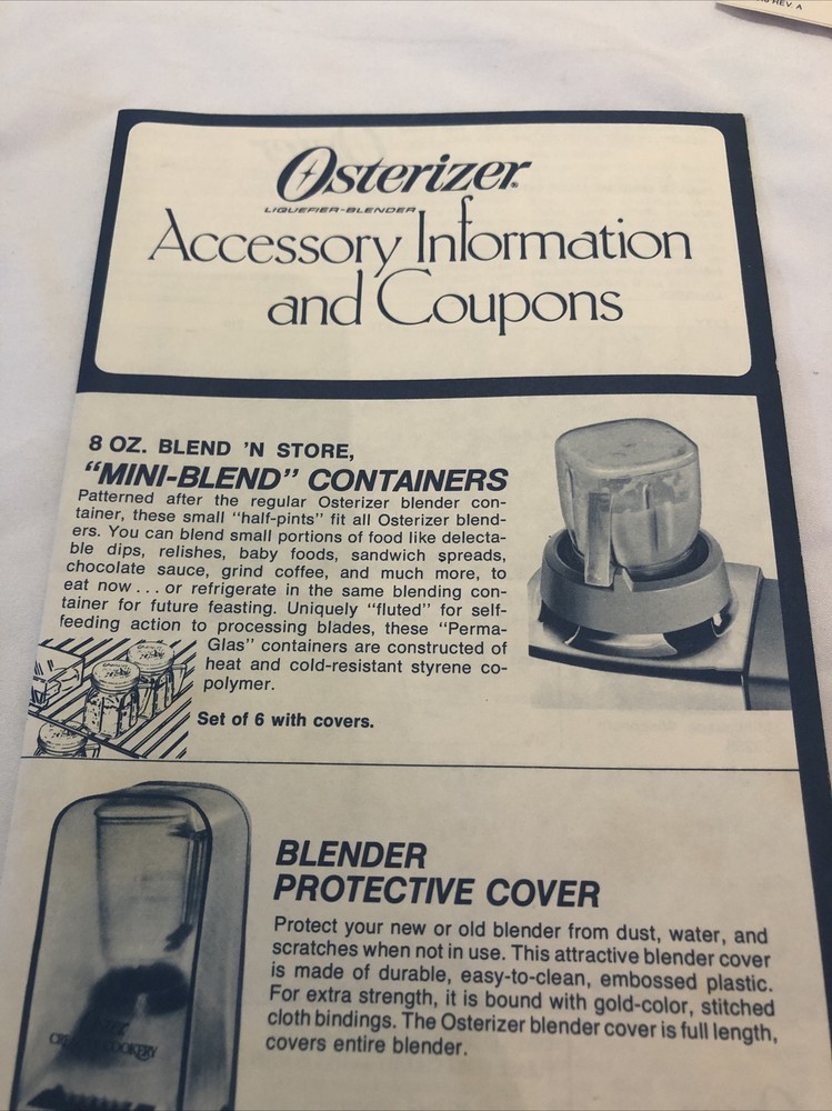 1981 Osterizer Accessory Information and Coupons, Service Info, Replacement Part