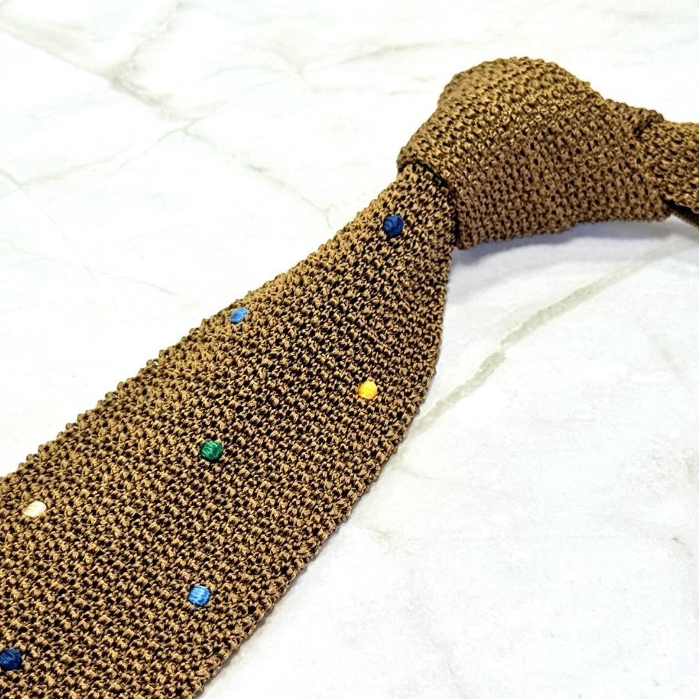 Hermes Brown Dot Pattern Knit Tie 100% Wool Excellent Condition