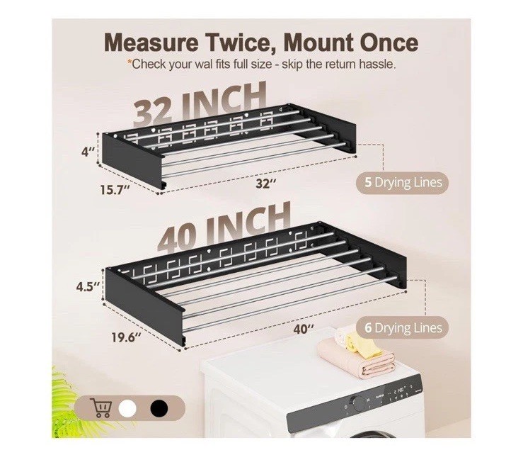 40” Wall Mounted Clothes Drying Rack Folding, Foldable Laundry Drying Rack