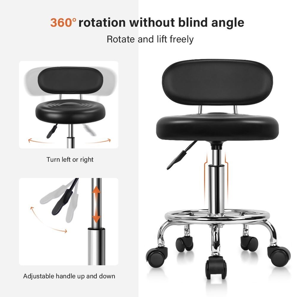 KKTONER PU Leather Modern Rolling Stool with Low Back Height Adjustable Work ...