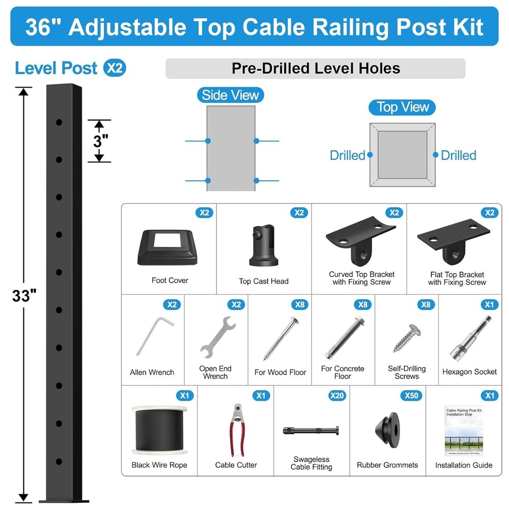 2 Pack 36" Cable Railing Post Kits w/ 1/8" Cable & Hardware Black