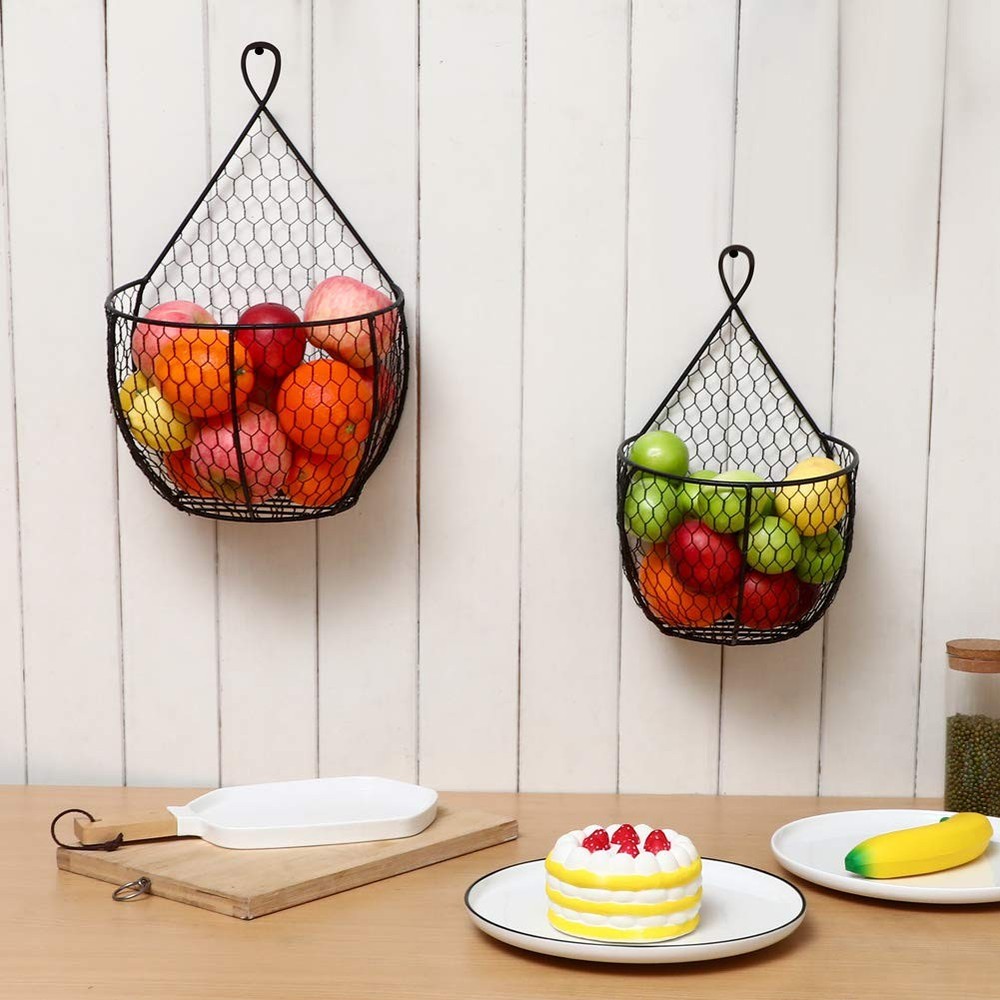 Metal Fruit And Vegetable Storage Hanging Basket Wall Mounted, For Kitchen Bl...