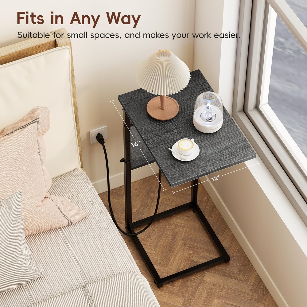 Vagusicc C Shaped End Table with Charging Station, C Table End Table Adjustable