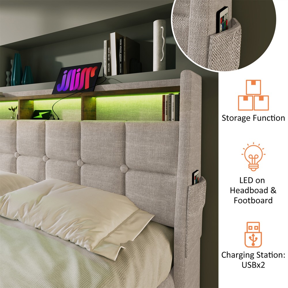 Queen Size LED Bed Frame Upholstered Platform Bed with Hydraulic Storage System