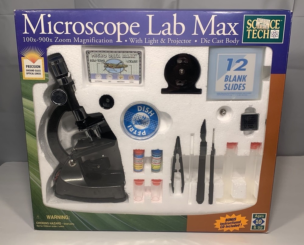 Science Tech Microscope Lab Max 100x–900x Die Cast 67pc Kit Open Box