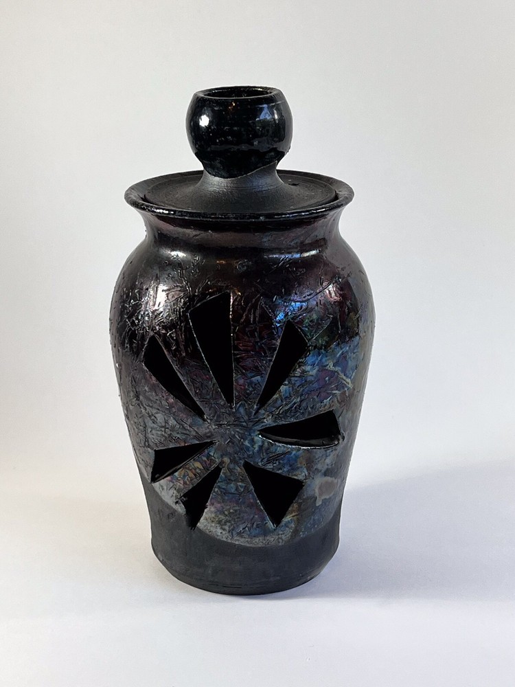Handmade Studio Pottery Raku, Cut Out Luminary, Signed, Black Opalescence