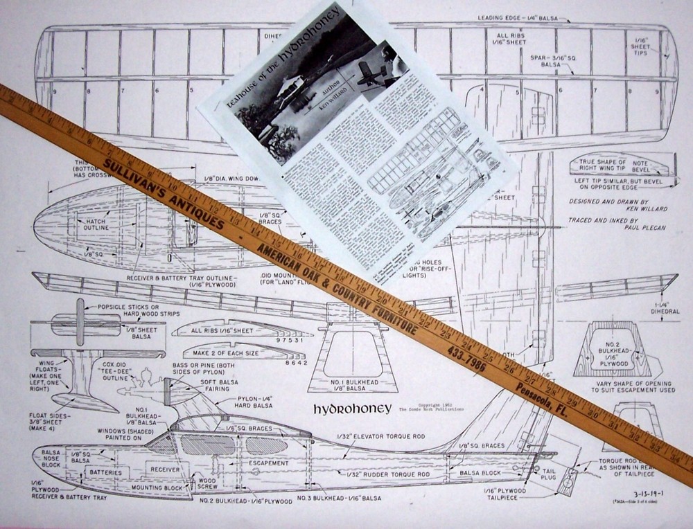 HYDROHONEY PLAN + Willard's CONSTRUCTION ARTICLE for 28" 2-ch RC Model Airplane