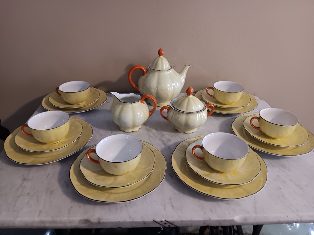 23pc German Yellow Lusterware Porcelain Tea Set