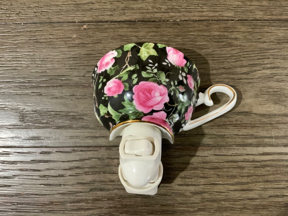 Nightlight Formalities by Baum Bros. Tea Cup Black with Pink Roses Works