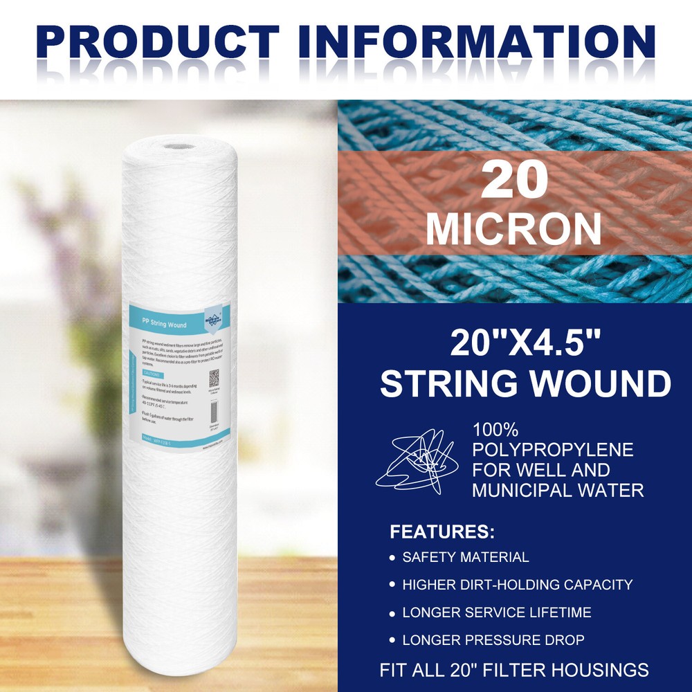 10 Micron 20"x4.5" Big Blue String Wound Sediment Water Filter for SimPure DB20P