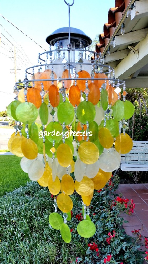 SOLAR CAPIZ SHELL WINDCHIMES/CHANDELIER MIXED PASTEL WITH SOLAR LIGHT