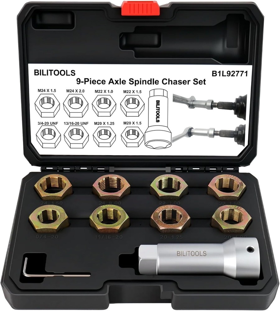 Axle Spindle Rethreading Tool Kit, 10-Piece Axle Wheel Stud Thread Chaser Repair
