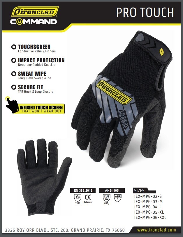 IronClad IEX-MPG Command Pro Touch Grip Gloves Black - Select Size