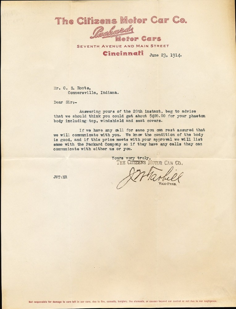 1914 Packard Automobile CAR MIDIFICATION LETTER