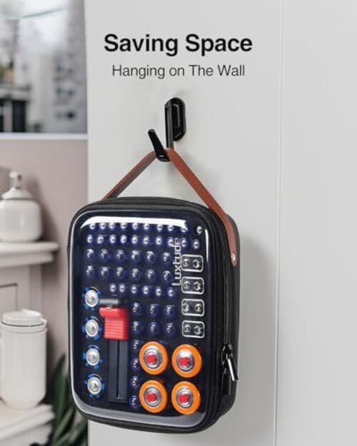 Battery Organizer Storage Case with Tester, Clear Battery Storage Black Caddy