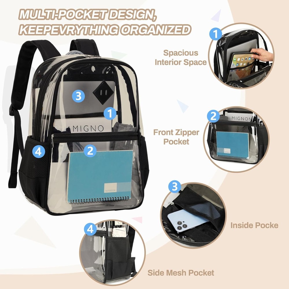 Clear Backpack, Heavy Duty See Through Book Bag for Work, Security, Black