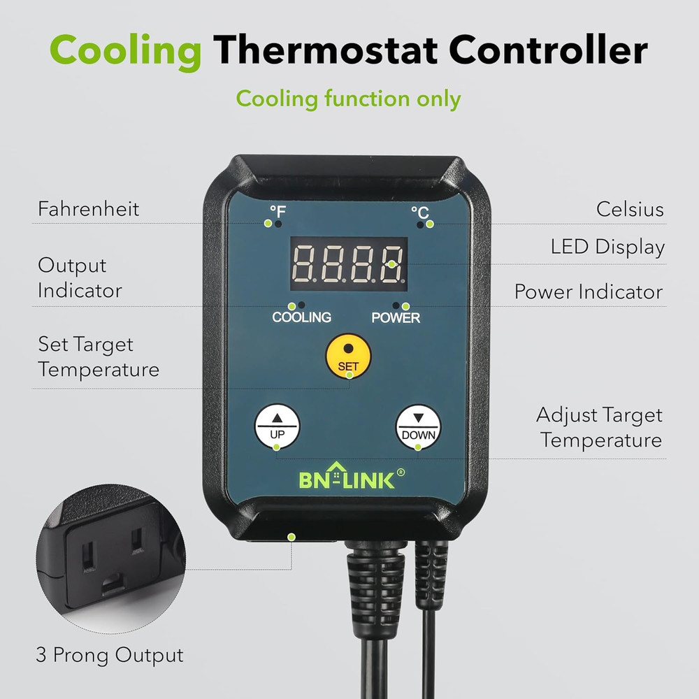Digital Cooling Thermostat Controller, Temperature Controlled Outlet for Attic F