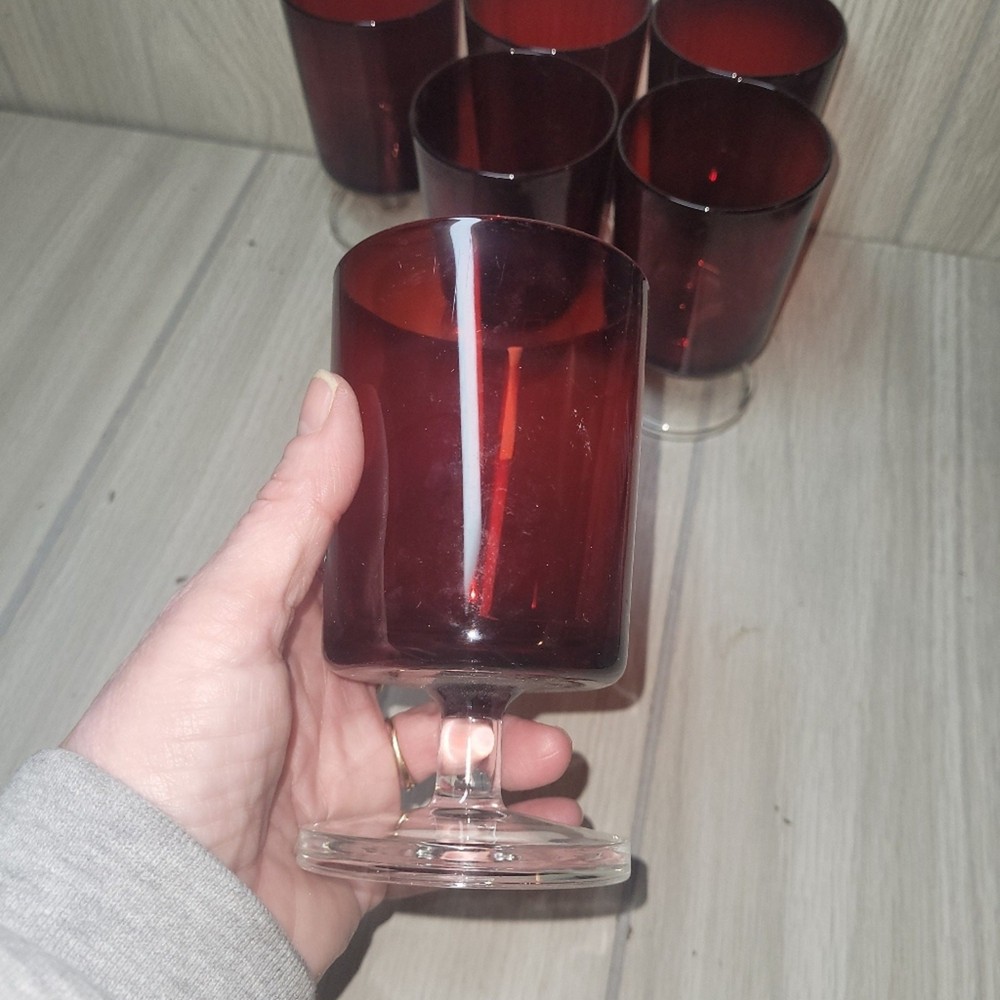 Vintage Ruby Red Cavalier Crystal Wine Goblets Glasses Barware MCM